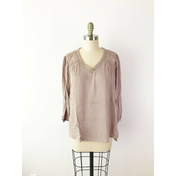 Ecru Gauzy Peasant Blouse Sheer Crochet Shoulders Long Sleeve Fall Casual - Picture 2 of 8